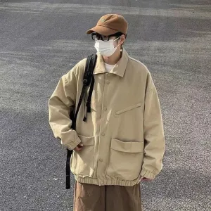 2022 Men's Japanese Vintage Lapel Collar Cargo Jackets Work Clothes Harajuku Loose Casual Coats Solid Color Outerwear M-2XL