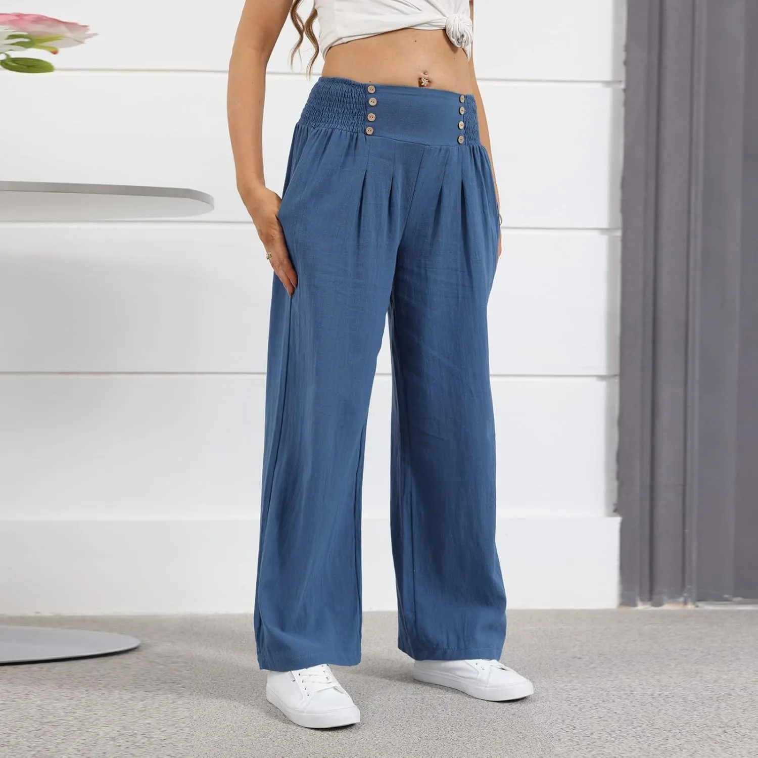 ADHOWBEW Womens Linen Pants Dressy High Waisted Cotton Work Lounge Plus Size Casual Petite Stretch Flowy Pants