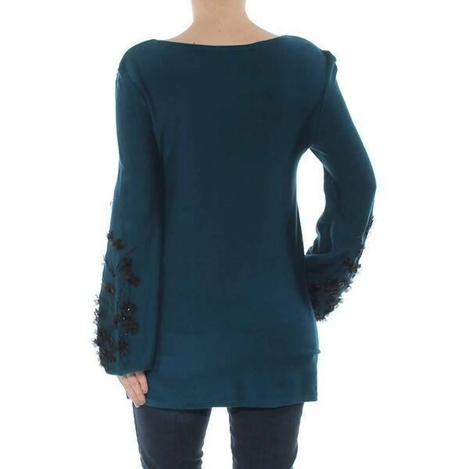 ALFANI LADIES SWEATER GEMSTONE OCEAN TEAL, EMBELLISHED SLEEVES, NWT, $89