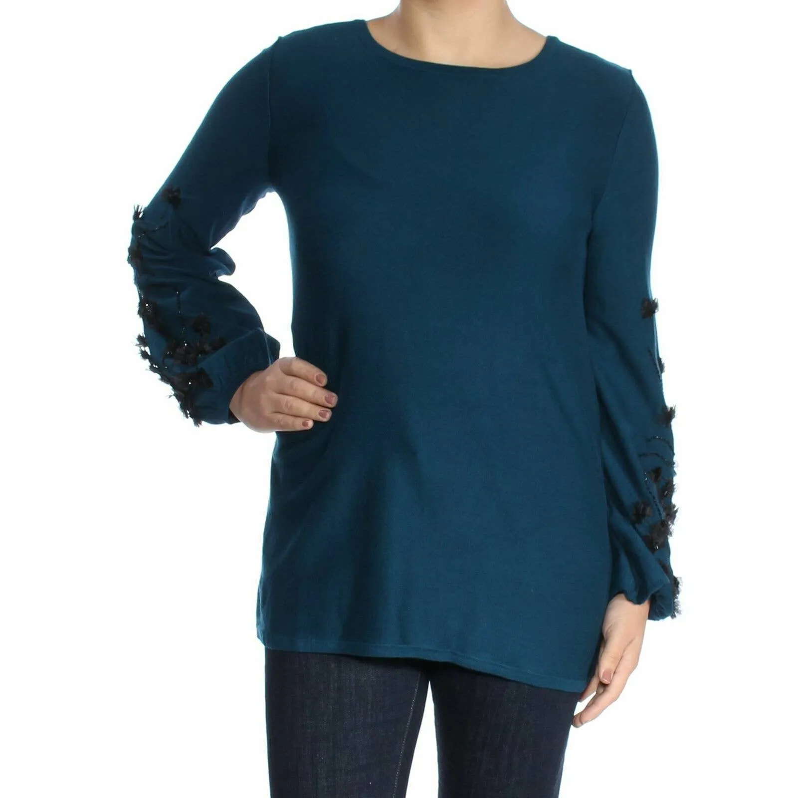 ALFANI LADIES SWEATER GEMSTONE OCEAN TEAL, EMBELLISHED SLEEVES, NWT, $89