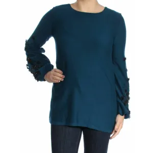 ALFANI LADIES SWEATER GEMSTONE OCEAN TEAL, EMBELLISHED SLEEVES, NWT, $89