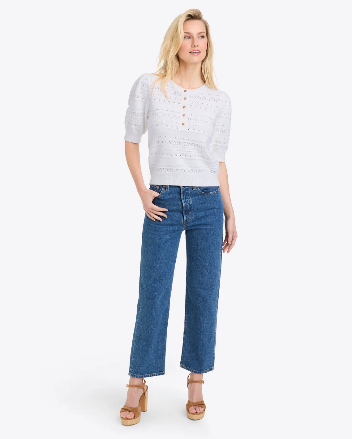 Annabelle Short-Sleeve Sweater in White Pointelle