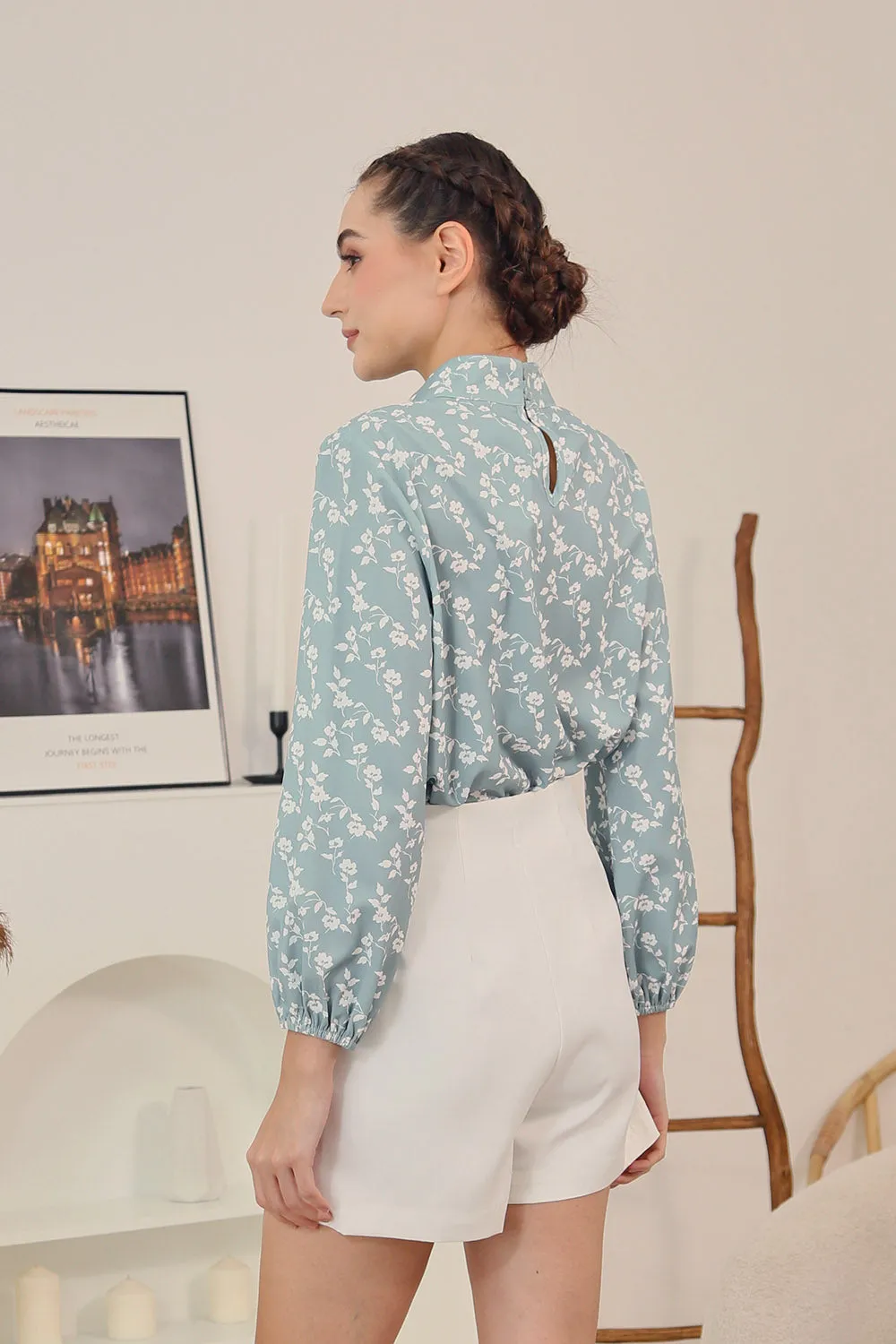 Astie Long Sleeve Floral Blouse in Sage