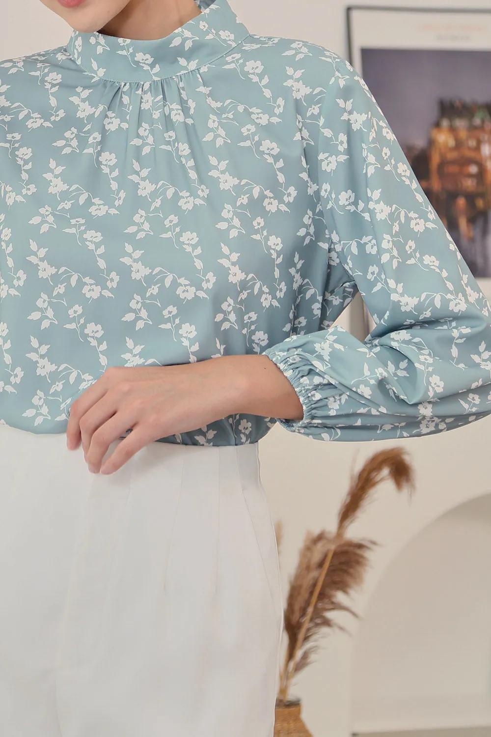 Astie Long Sleeve Floral Blouse in Sage