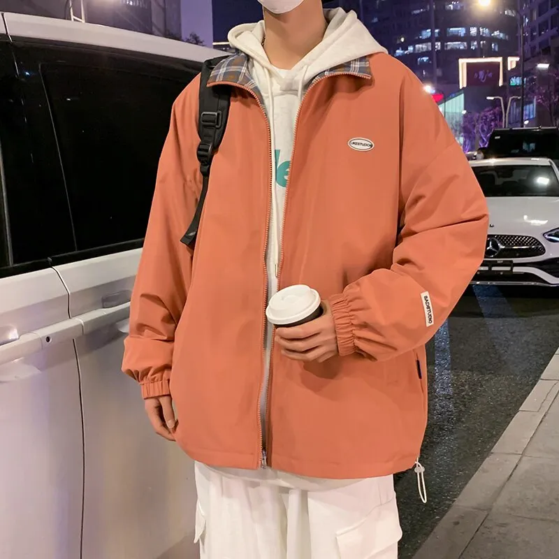 Autumn Two Side Wear Hooded Jackets Men Windbreaker Mens Plaid Jacket Streetwear Fashion Printed Hip Hop Solid Outfits Coat