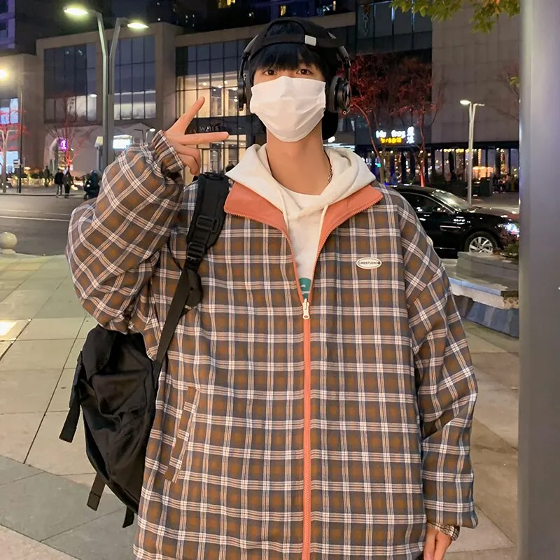 Autumn Two Side Wear Hooded Jackets Men Windbreaker Mens Plaid Jacket Streetwear Fashion Printed Hip Hop Solid Outfits Coat