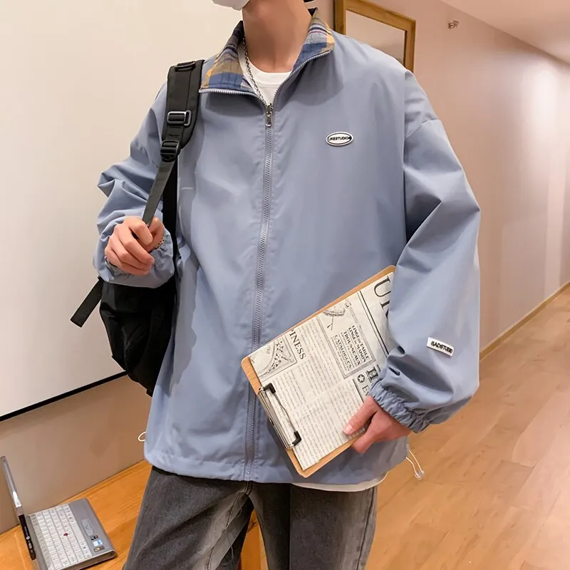 Autumn Two Side Wear Hooded Jackets Men Windbreaker Mens Plaid Jacket Streetwear Fashion Printed Hip Hop Solid Outfits Coat