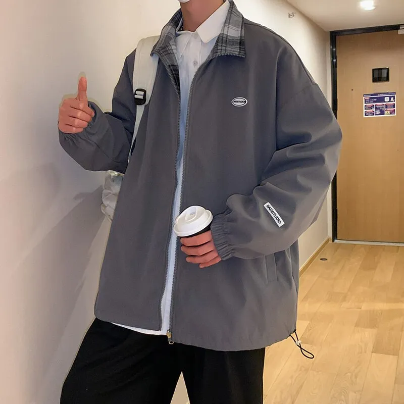 Autumn Two Side Wear Hooded Jackets Men Windbreaker Mens Plaid Jacket Streetwear Fashion Printed Hip Hop Solid Outfits Coat