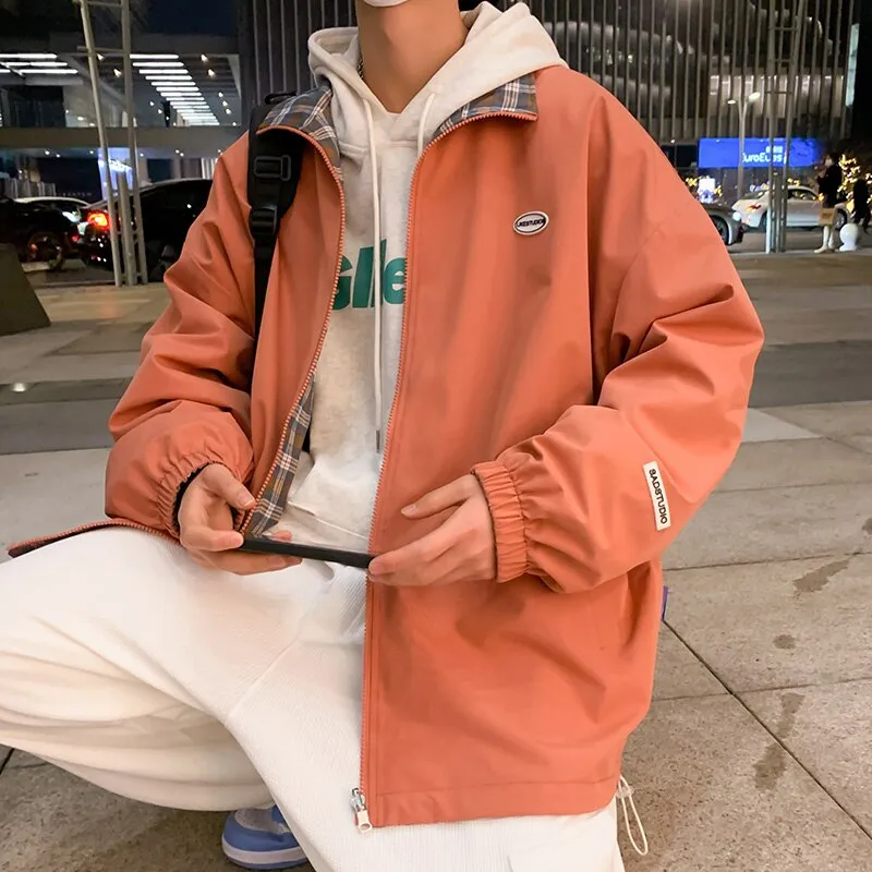 Autumn Two Side Wear Hooded Jackets Men Windbreaker Mens Plaid Jacket Streetwear Fashion Printed Hip Hop Solid Outfits Coat