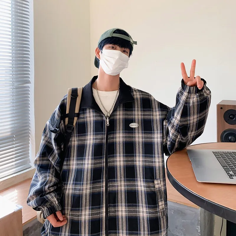 Autumn Two Side Wear Hooded Jackets Men Windbreaker Mens Plaid Jacket Streetwear Fashion Printed Hip Hop Solid Outfits Coat