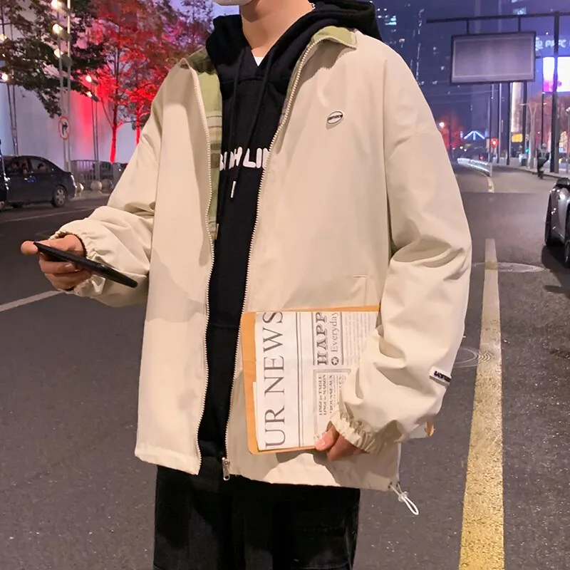 Autumn Two Side Wear Hooded Jackets Men Windbreaker Mens Plaid Jacket Streetwear Fashion Printed Hip Hop Solid Outfits Coat