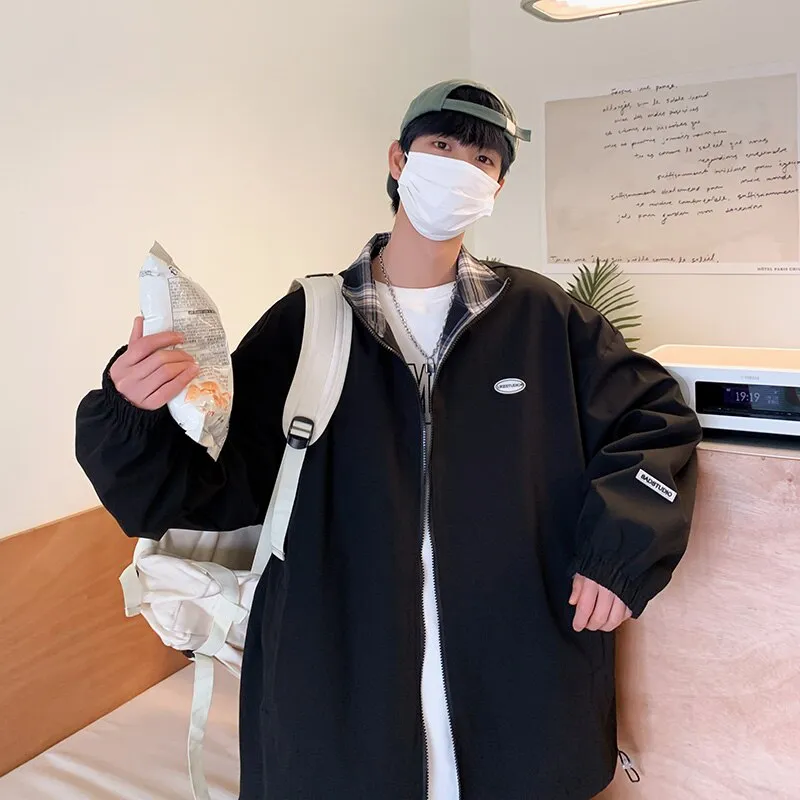 Autumn Two Side Wear Hooded Jackets Men Windbreaker Mens Plaid Jacket Streetwear Fashion Printed Hip Hop Solid Outfits Coat