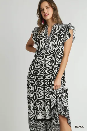 Black & White Print Midi Dress with Ruffle Sleeves