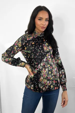 Black Floral Print High Neck Blouse