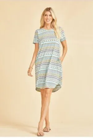Blue/Yellow Print Dress w/Pockets- #4381-7386