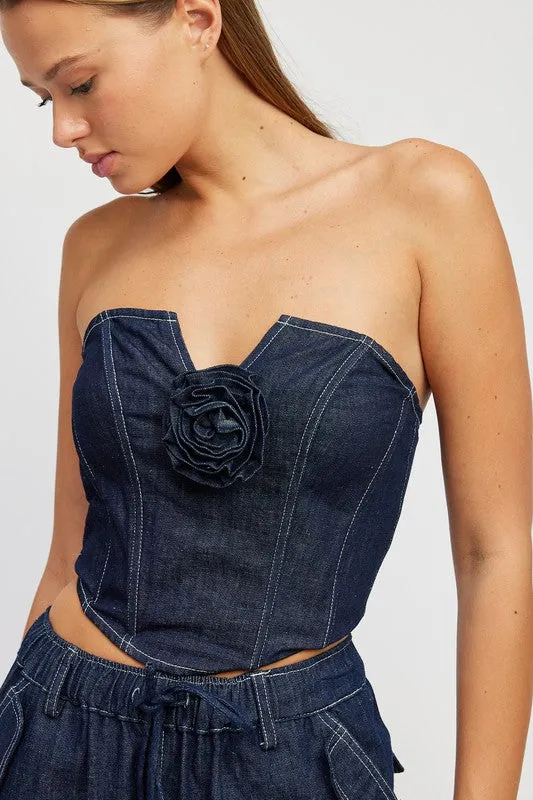 COWBOY DENIM CORSET TUBE TOP WITH ROSETTE DETAIL