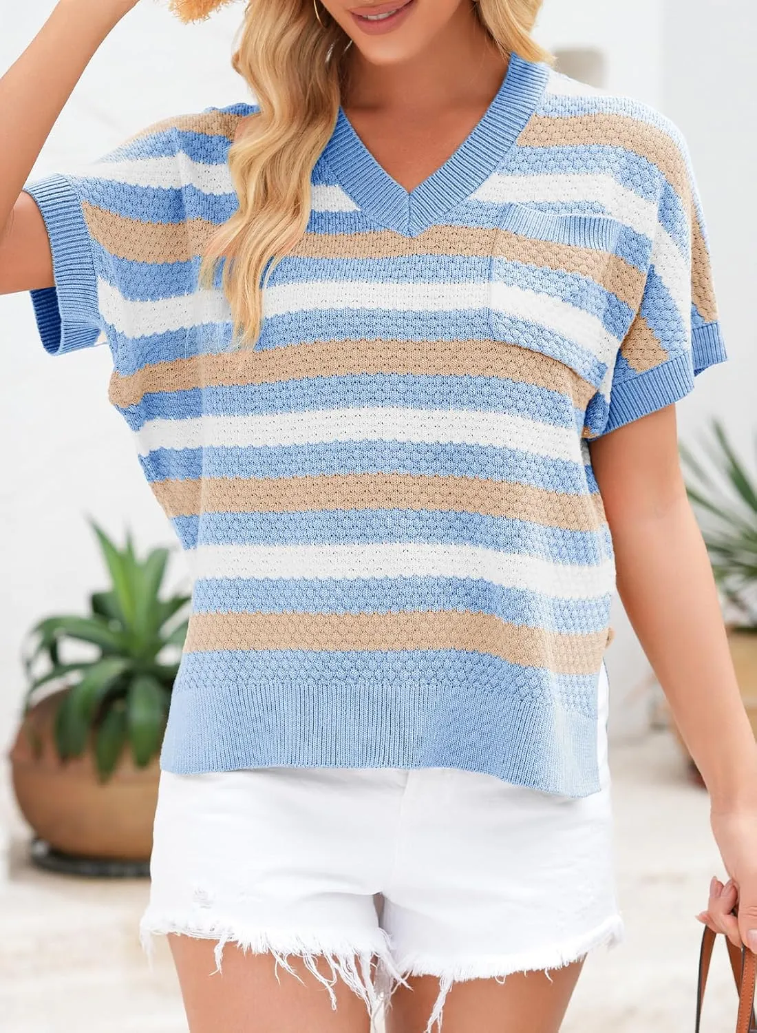 Dokotoo Women's Casual Short Sleeve Loose Tunic Tops Lightweight Striped Summer Sweaters Blouses Shirts