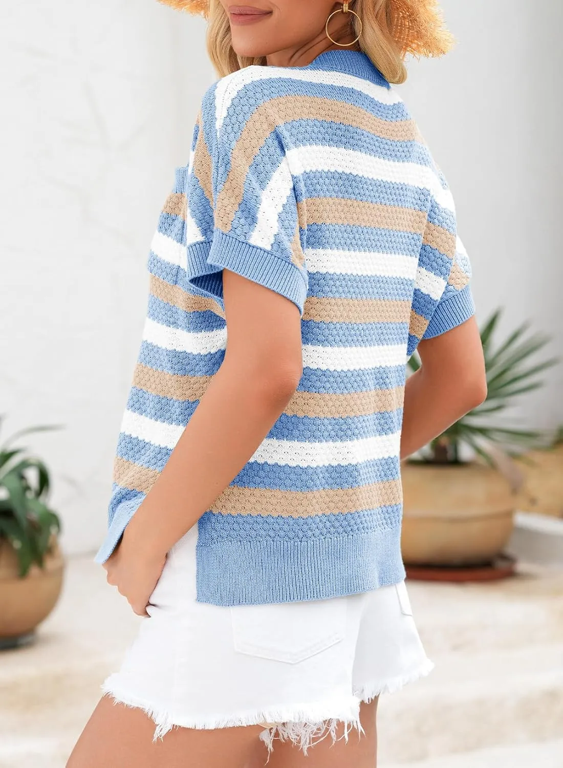 Dokotoo Women's Casual Short Sleeve Loose Tunic Tops Lightweight Striped Summer Sweaters Blouses Shirts