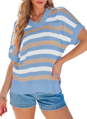 Dokotoo Women's Casual Short Sleeve Loose Tunic Tops Lightweight Striped Summer Sweaters Blouses Shirts