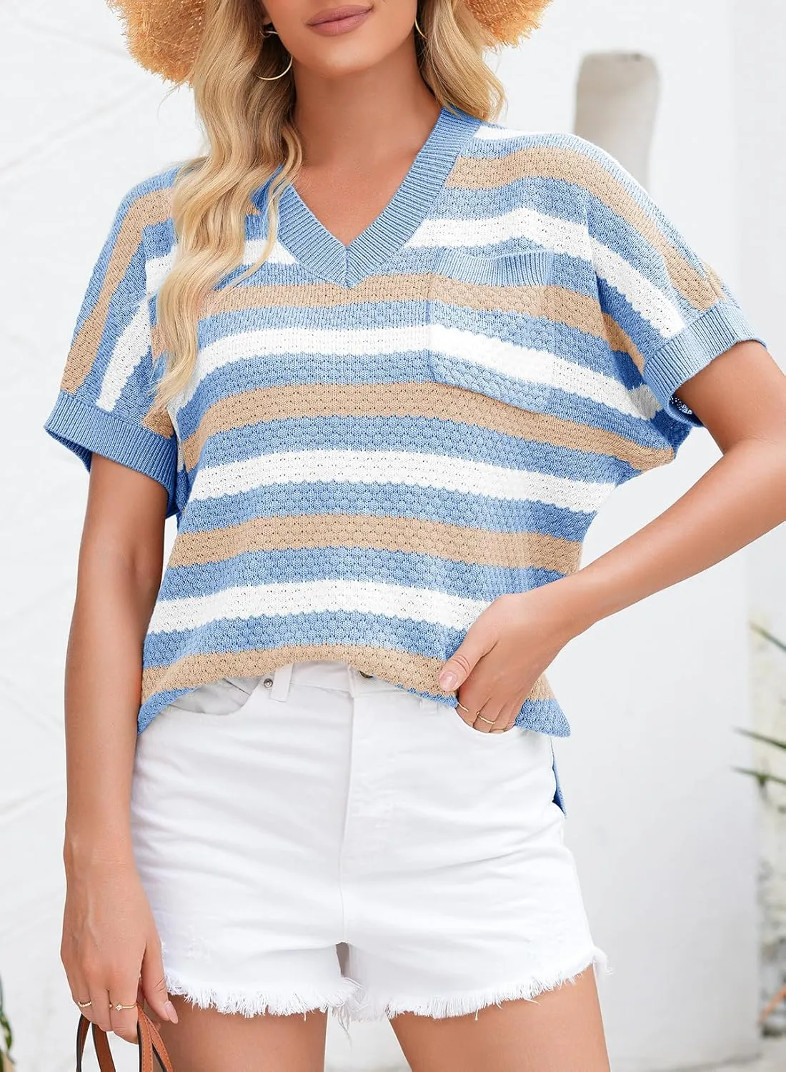 Dokotoo Women's Casual Short Sleeve Loose Tunic Tops Lightweight Striped Summer Sweaters Blouses Shirts