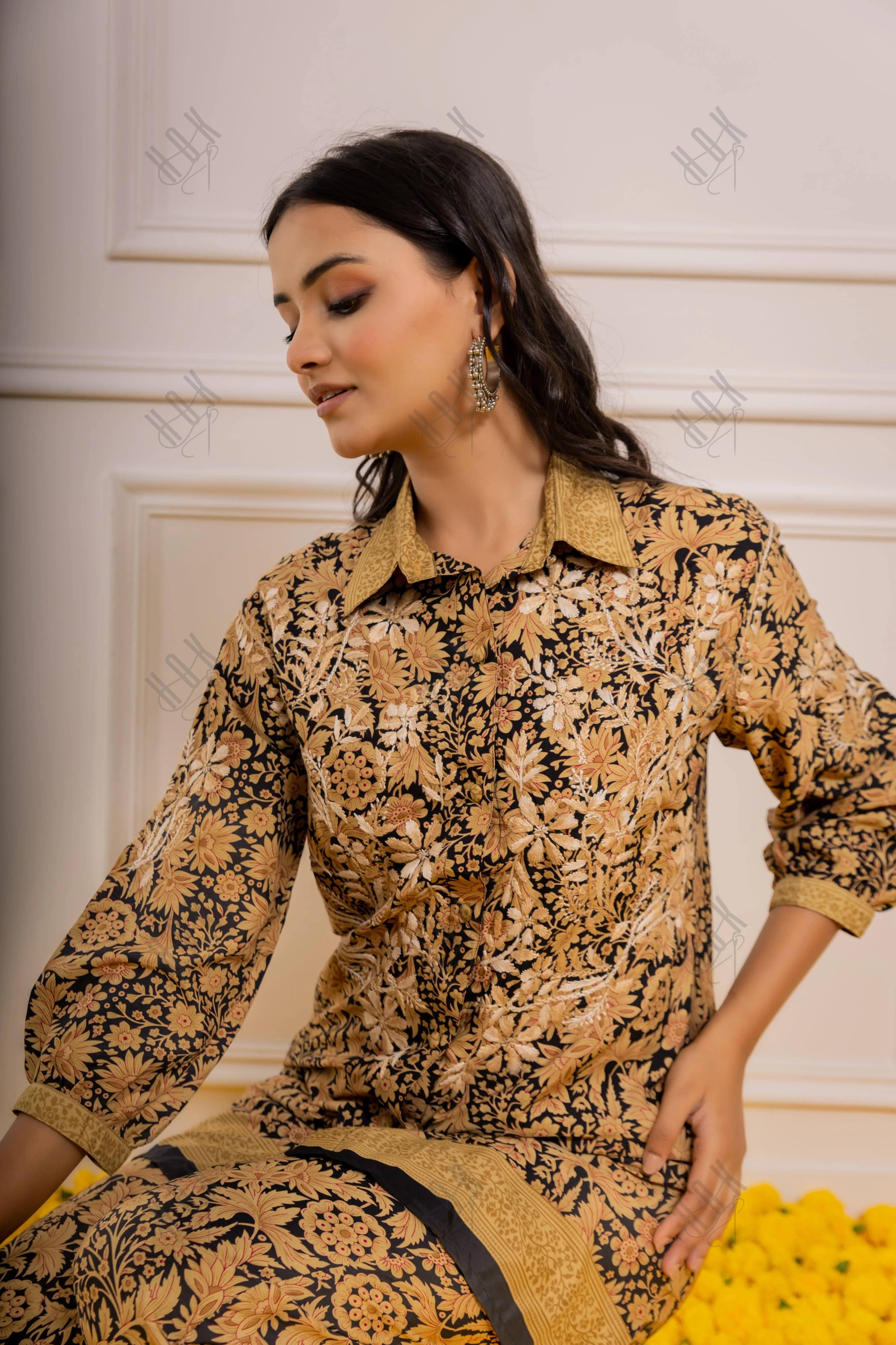 FIzaa Black and Golden Silk Print Set with Beige Hand Embroidery