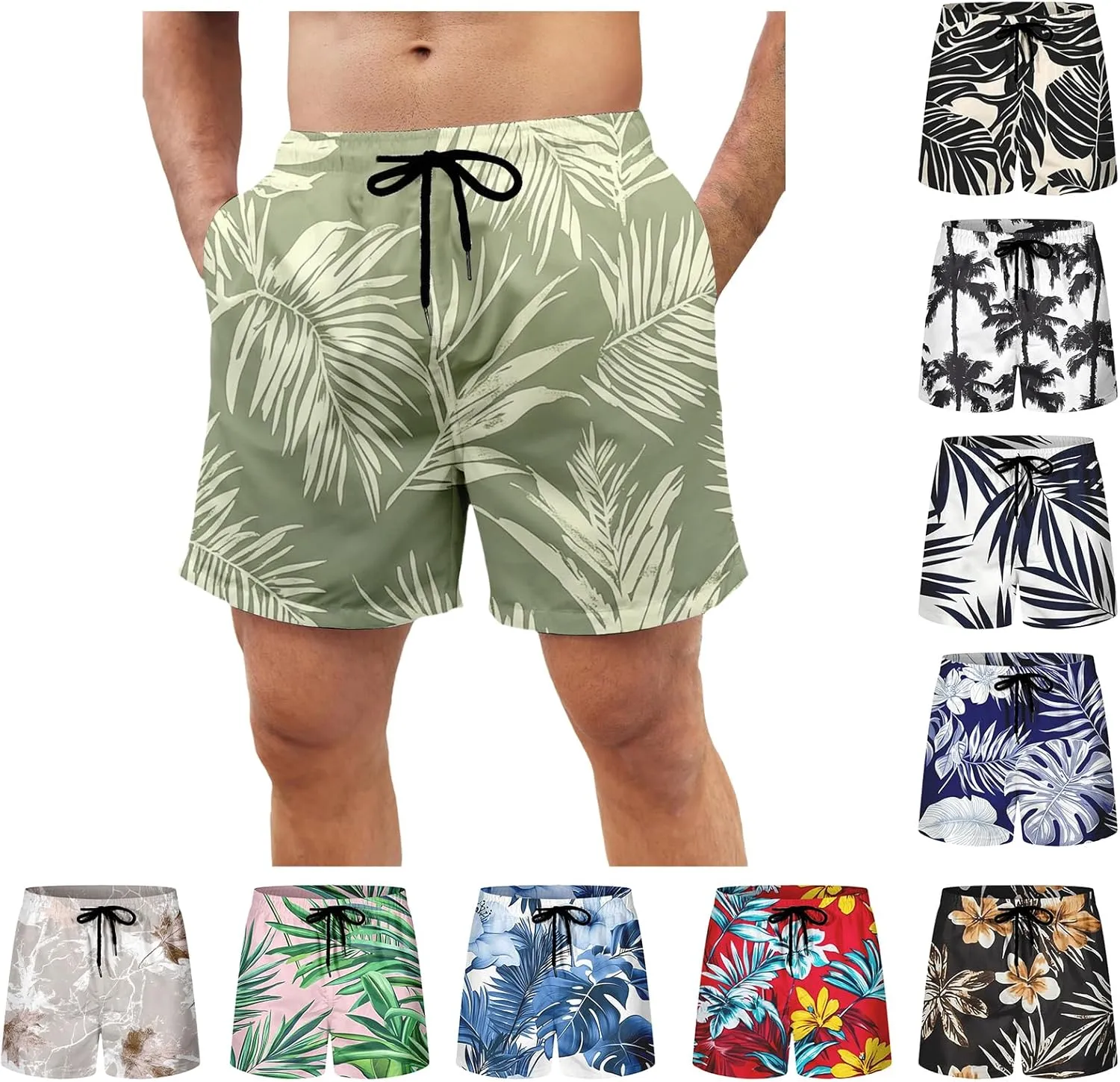 Hawaiian Beach Shorts for Men Elastic Waist Drawstring Lightweight Summer Casual Shorts Tropical Vacation Clothing