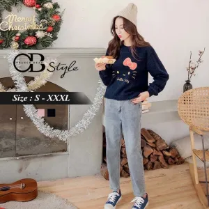 KITTY LAMBSWOOL EMBROIDERED RIB LONG SLEEVE TOPS