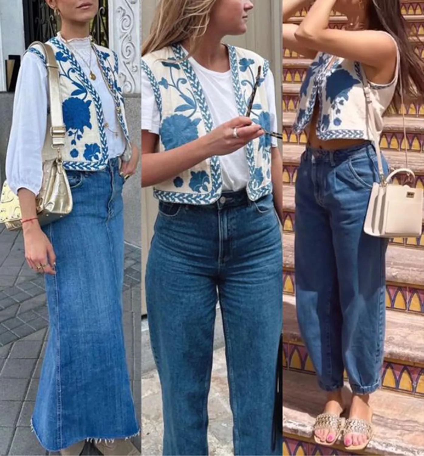 Meihuida Women Embroidered Vest Top Y2k Vintage Open Front Floral Boho Cropped Waistcoat