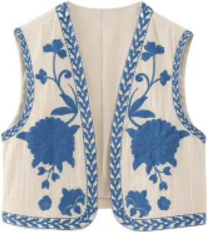 Meihuida Women Embroidered Vest Top Y2k Vintage Open Front Floral Boho Cropped Waistcoat