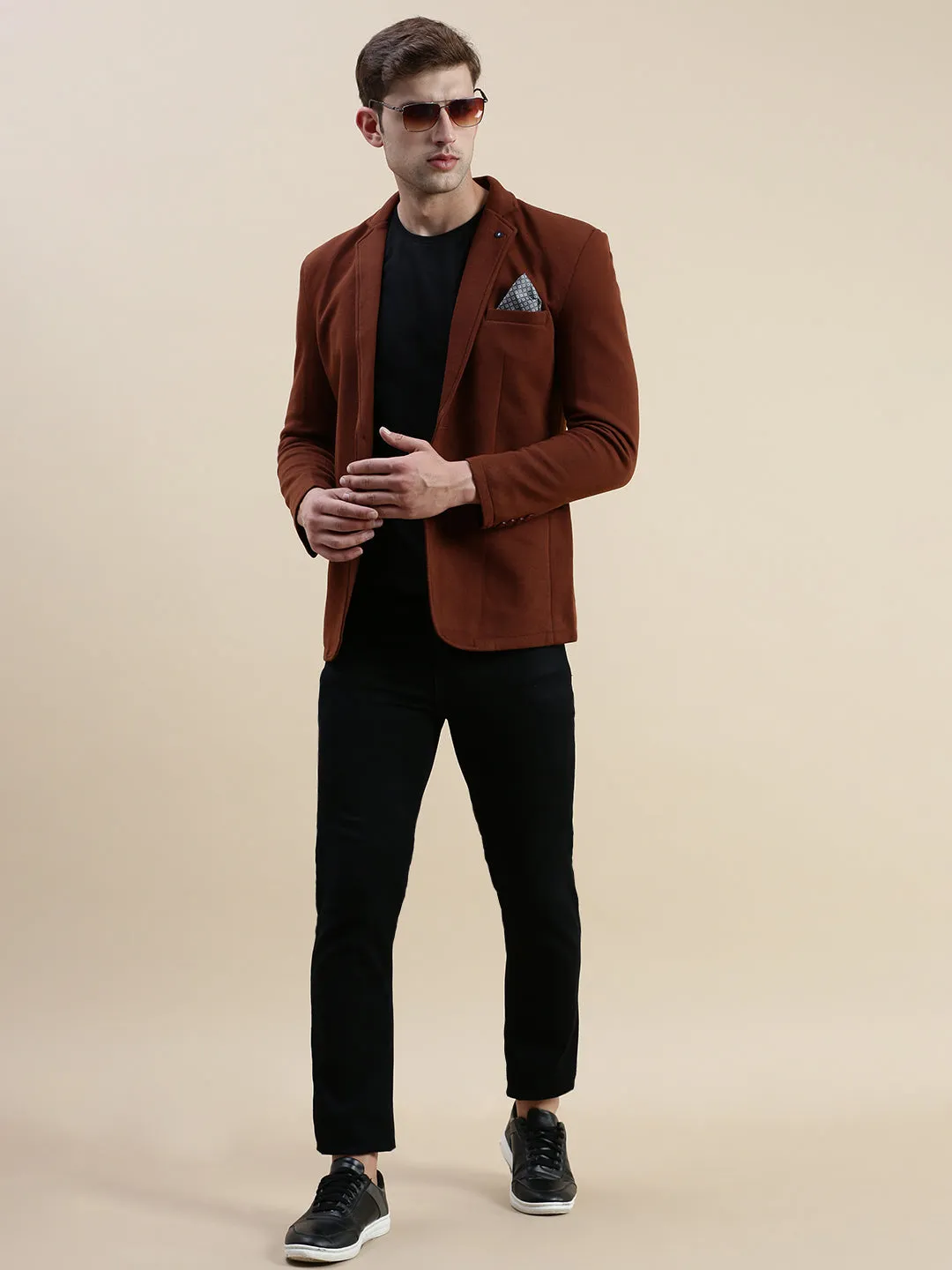 Men Brown Open Front Casual Blazer