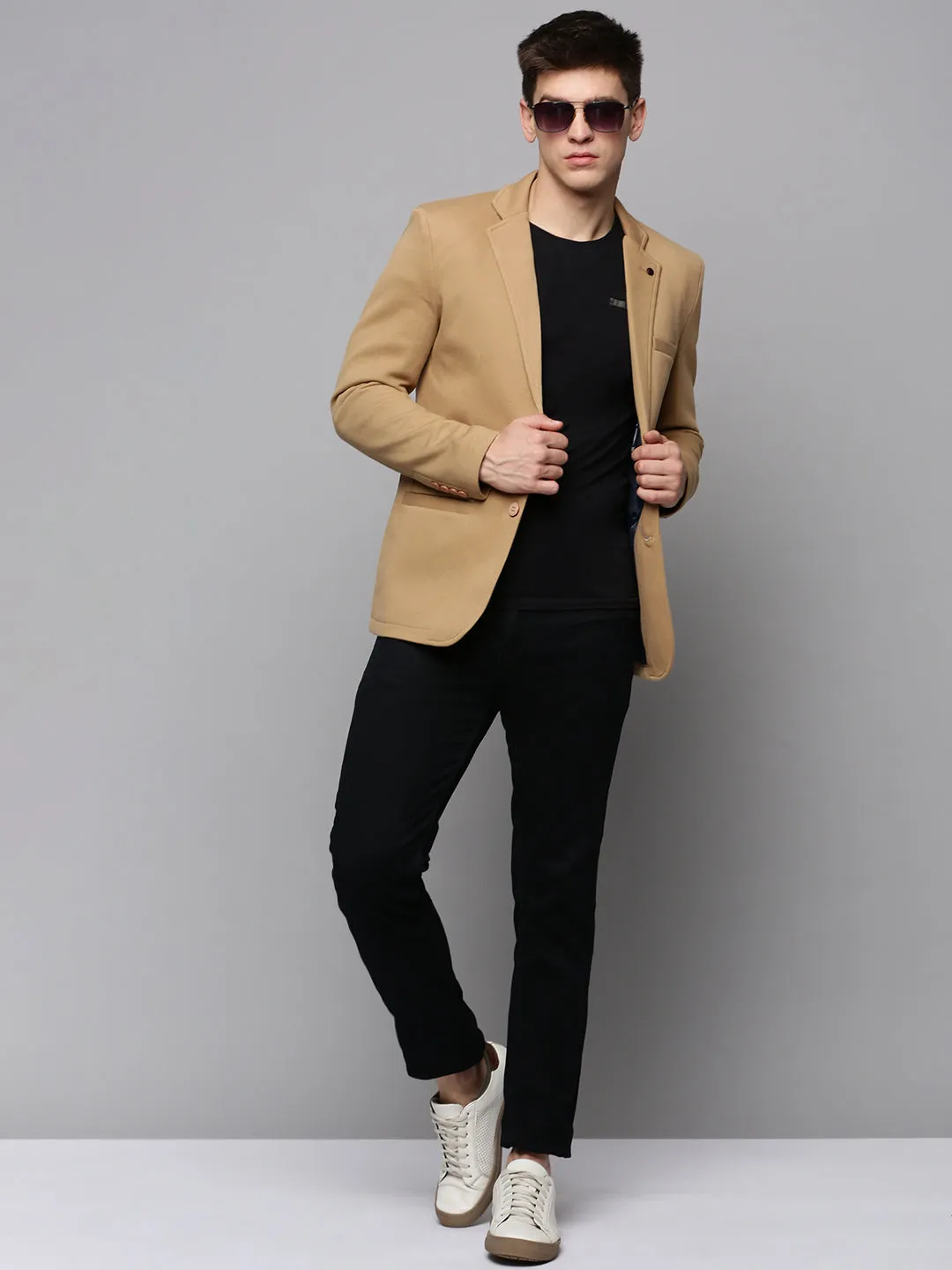 Men Khaki Open Front Casual Blazer