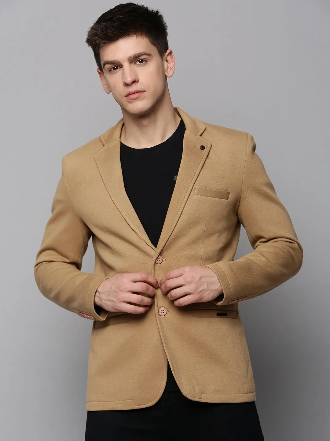 Men Khaki Open Front Casual Blazer