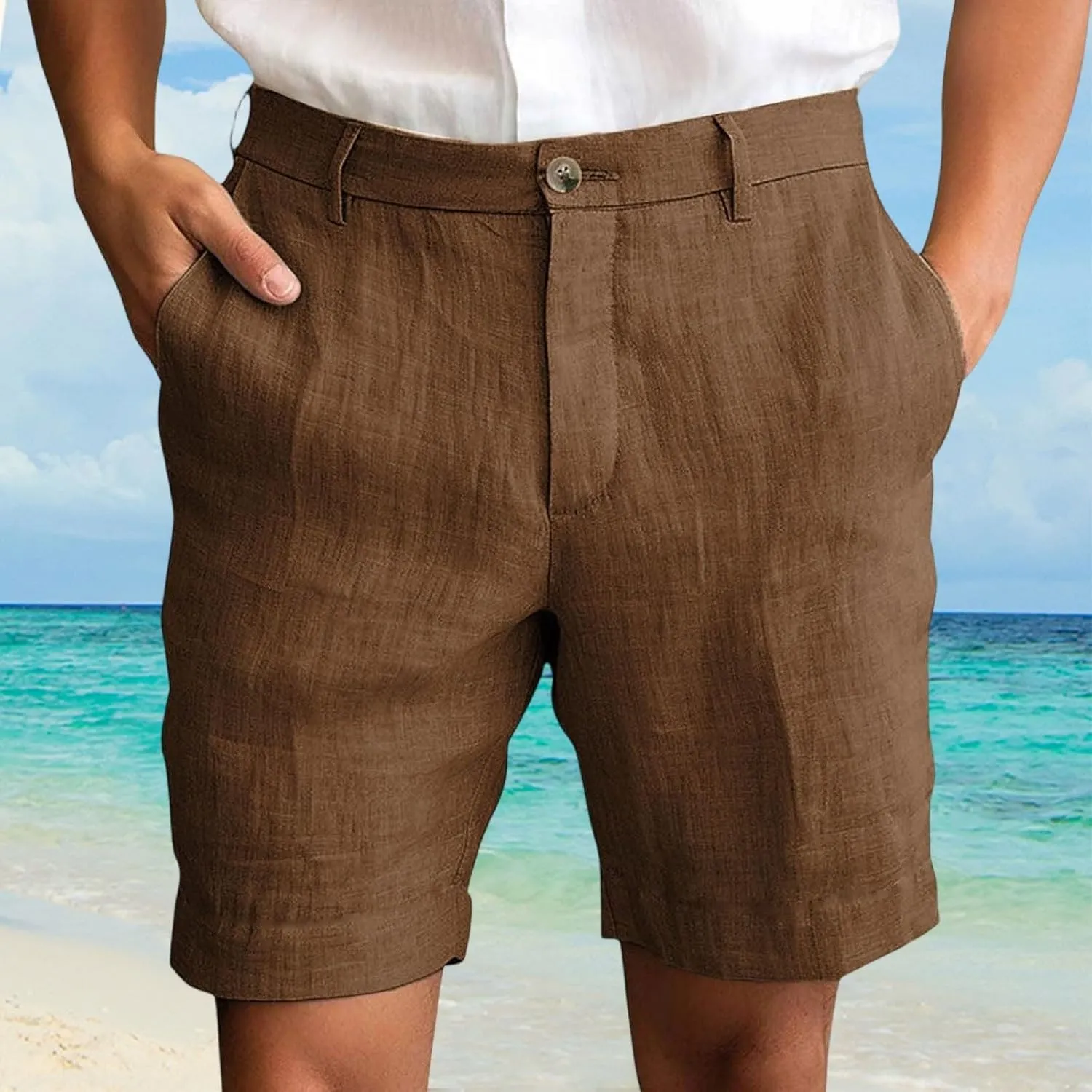 Mens Linen Cotton Shorts Casual Elastic Waist Drawstring Lightweight Summer Beach Shorts with Pockets