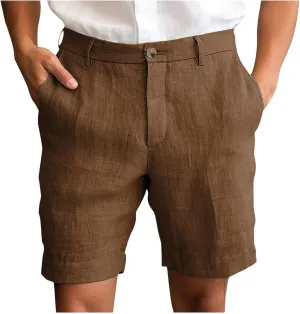 Mens Linen Cotton Shorts Casual Elastic Waist Drawstring Lightweight Summer Beach Shorts with Pockets
