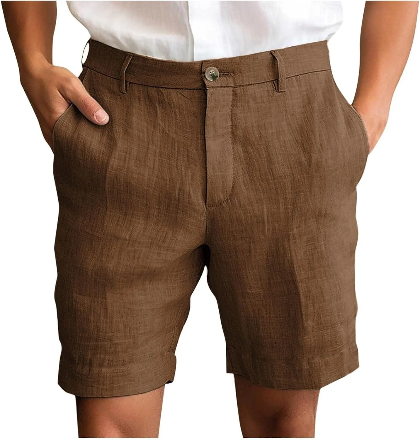 Mens Linen Cotton Shorts Casual Elastic Waist Drawstring Lightweight Summer Beach Shorts with Pockets