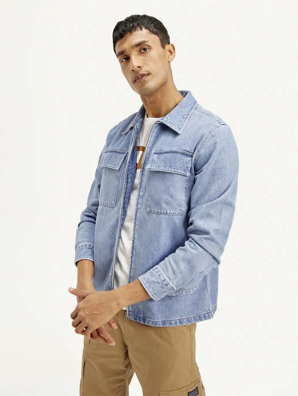 Men's Solid Light Blue Denim Shacket