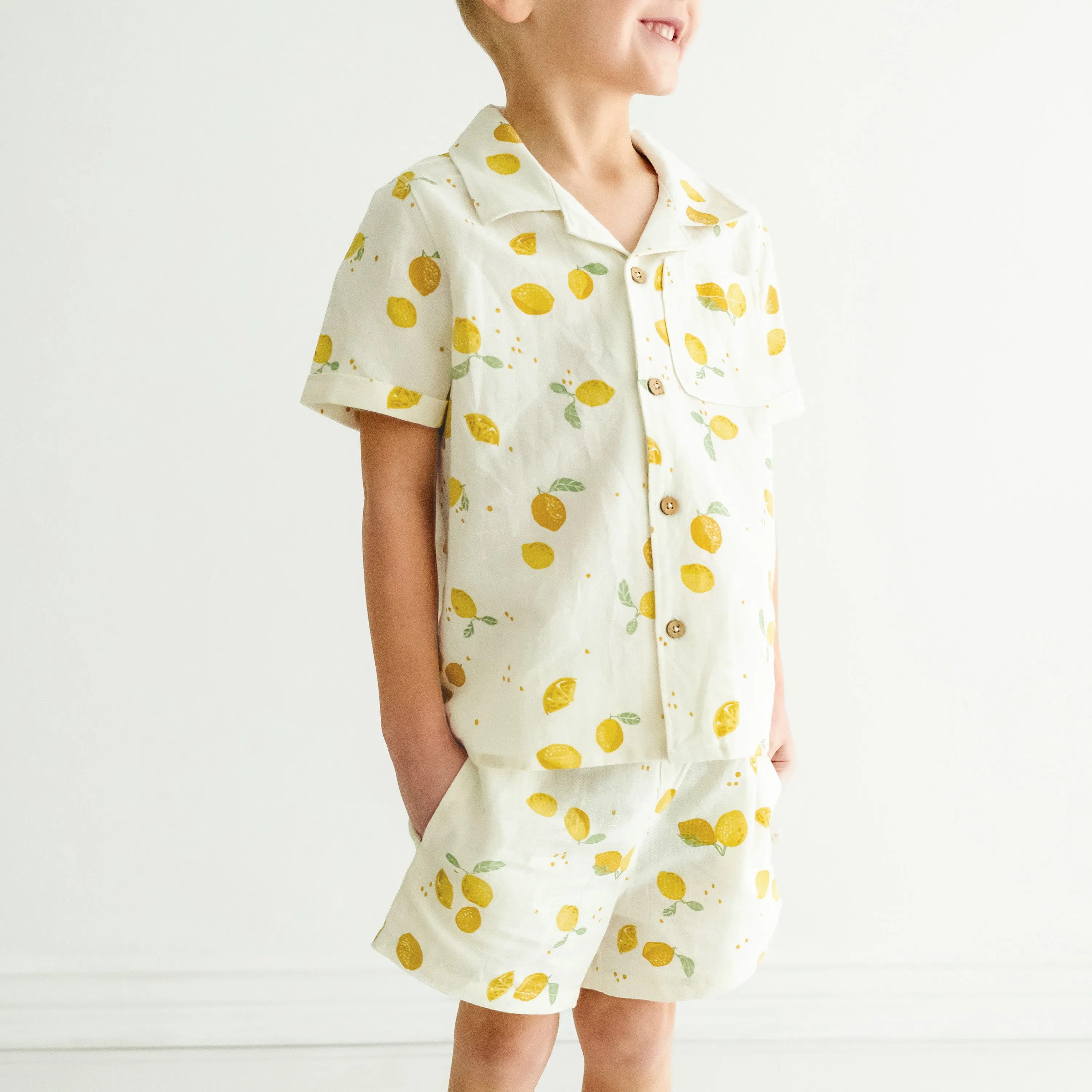 Organic Boys Shirt and Shorts Outfit Linen - Citron