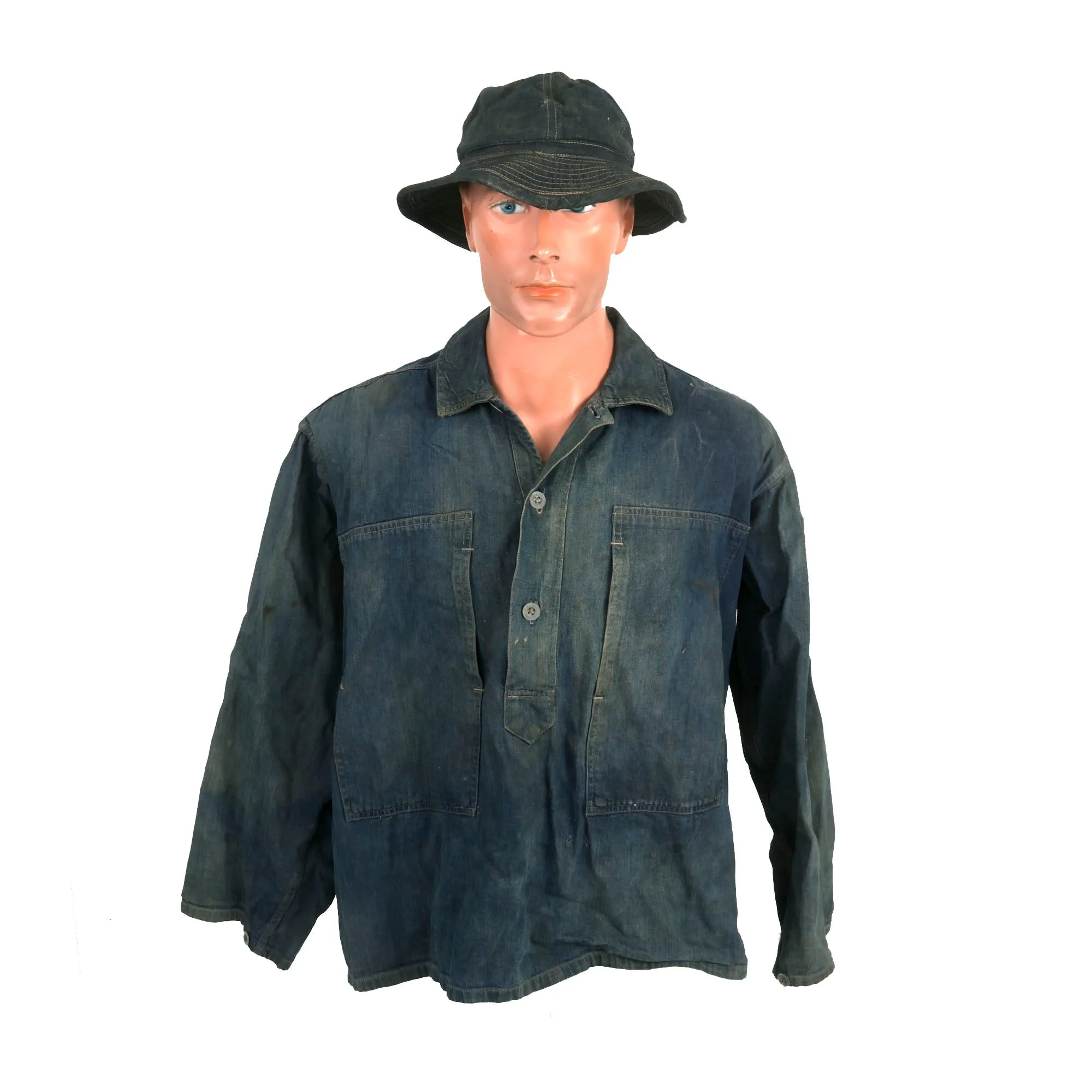 Original U.S. Pre War to Early WWII US Army Denim Fatique Uniform Set WIth Daisy Mae Cap - Shirt, Trousers and Cap