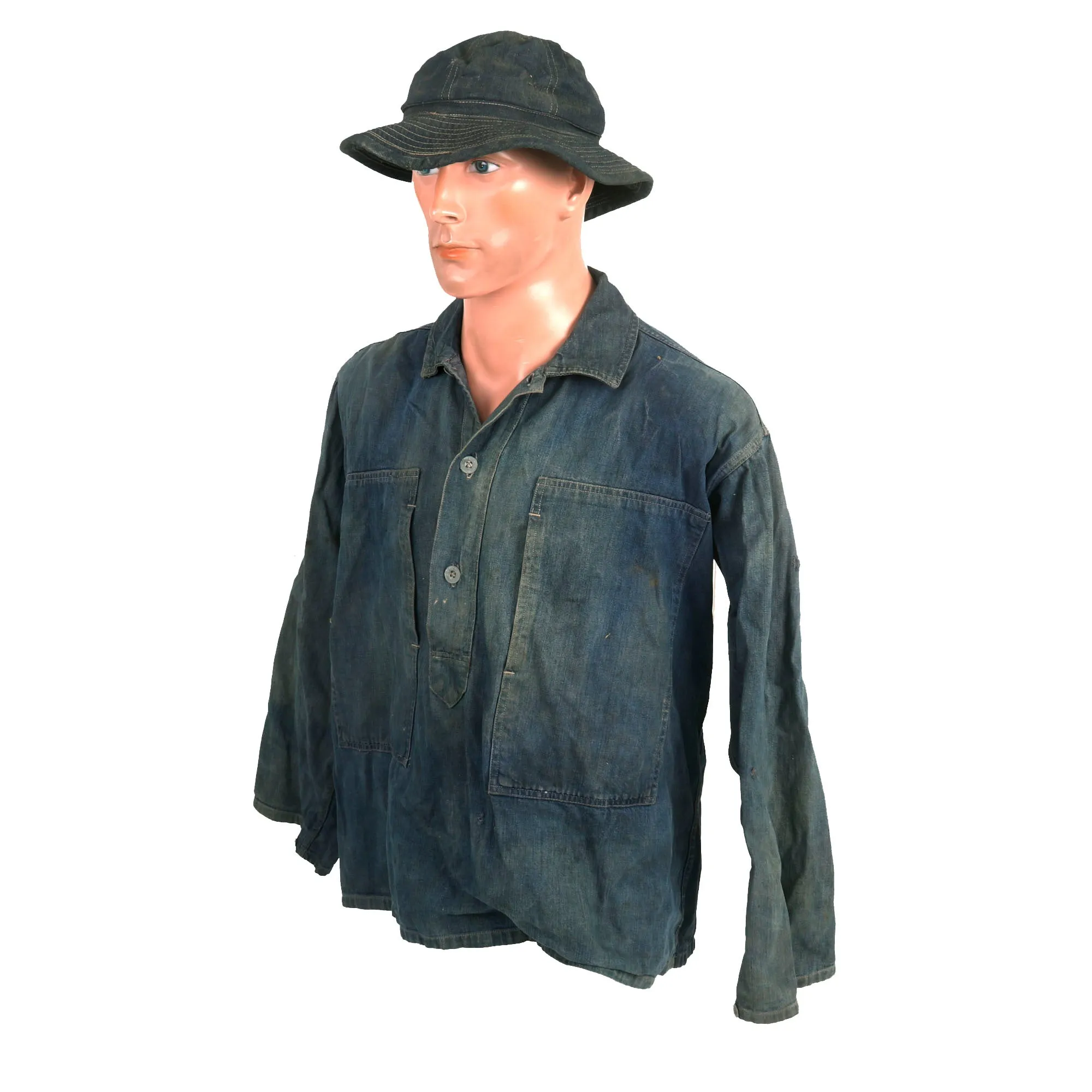 Original U.S. Pre War to Early WWII US Army Denim Fatique Uniform Set WIth Daisy Mae Cap - Shirt, Trousers and Cap