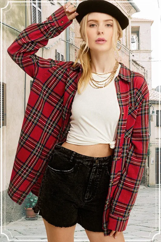 Plaid Flannel Shirt - Red, Blue
