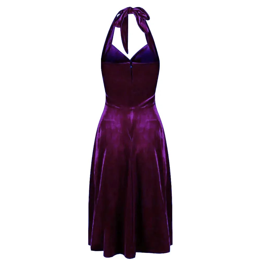Purple Velour Halterneck Empire Waist 50s Swing Dress