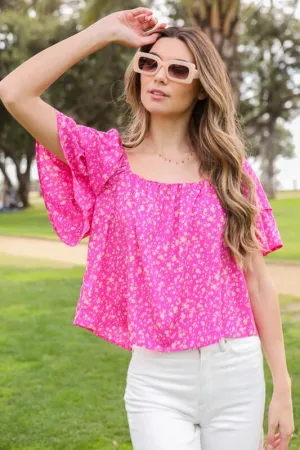 SMOCKED SQUARE NECK FLORAL BLOUSE WITH OPEN BACK