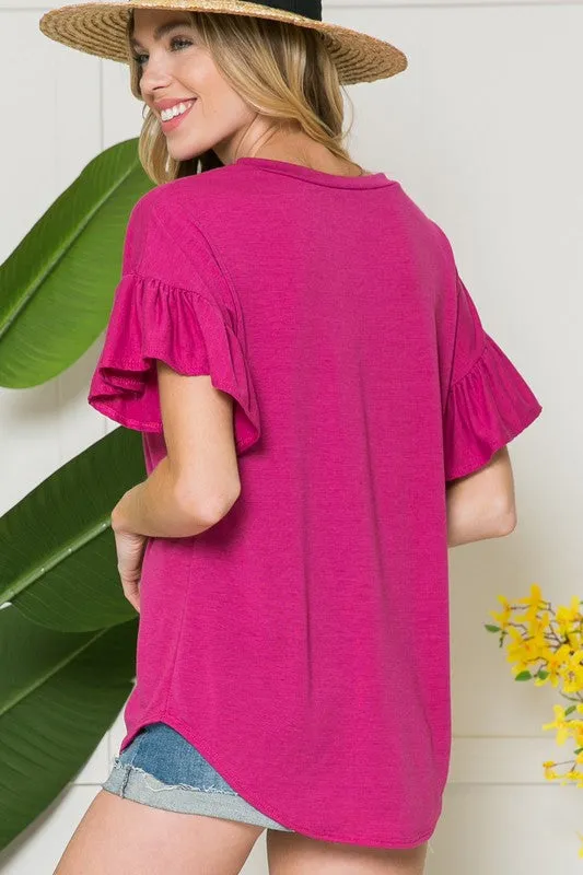 Solid Short Sleeve Flutter Top