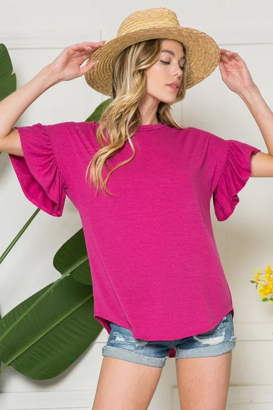Solid Short Sleeve Flutter Top