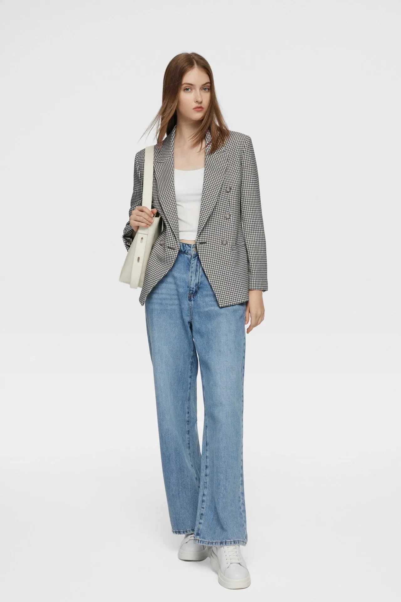 Stretchable Houndstooth Jacquard Double-breasted Blazer