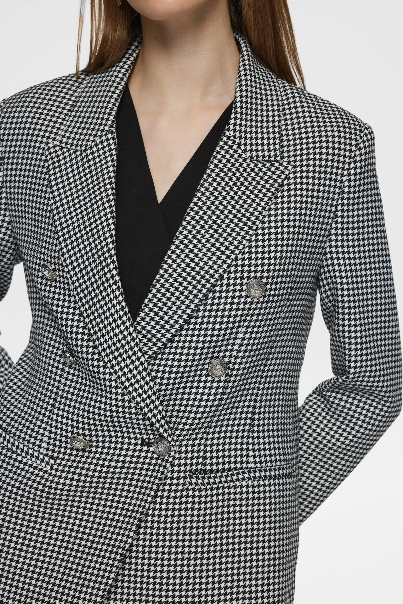 Stretchable Houndstooth Jacquard Double-breasted Blazer