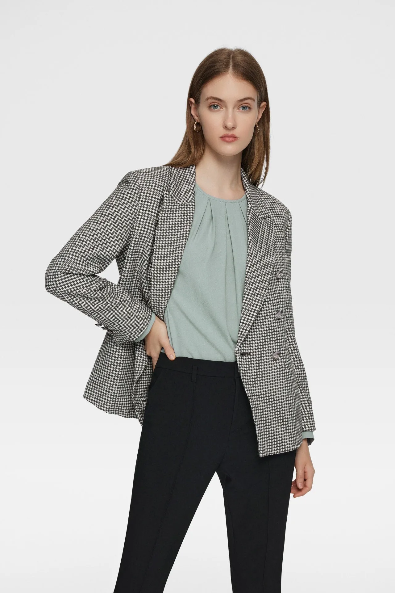 Stretchable Houndstooth Jacquard Double-breasted Blazer