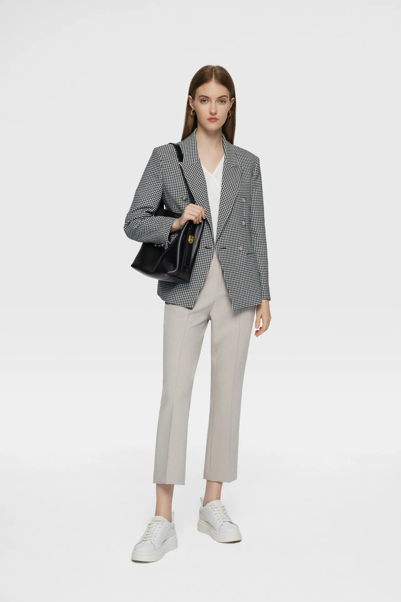 Stretchable Houndstooth Jacquard Double-breasted Blazer