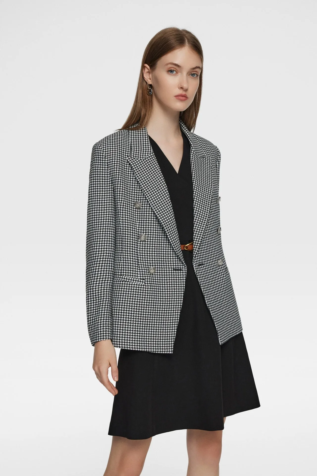 Stretchable Houndstooth Jacquard Double-breasted Blazer