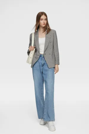 Stretchable Houndstooth Jacquard Double-breasted Blazer